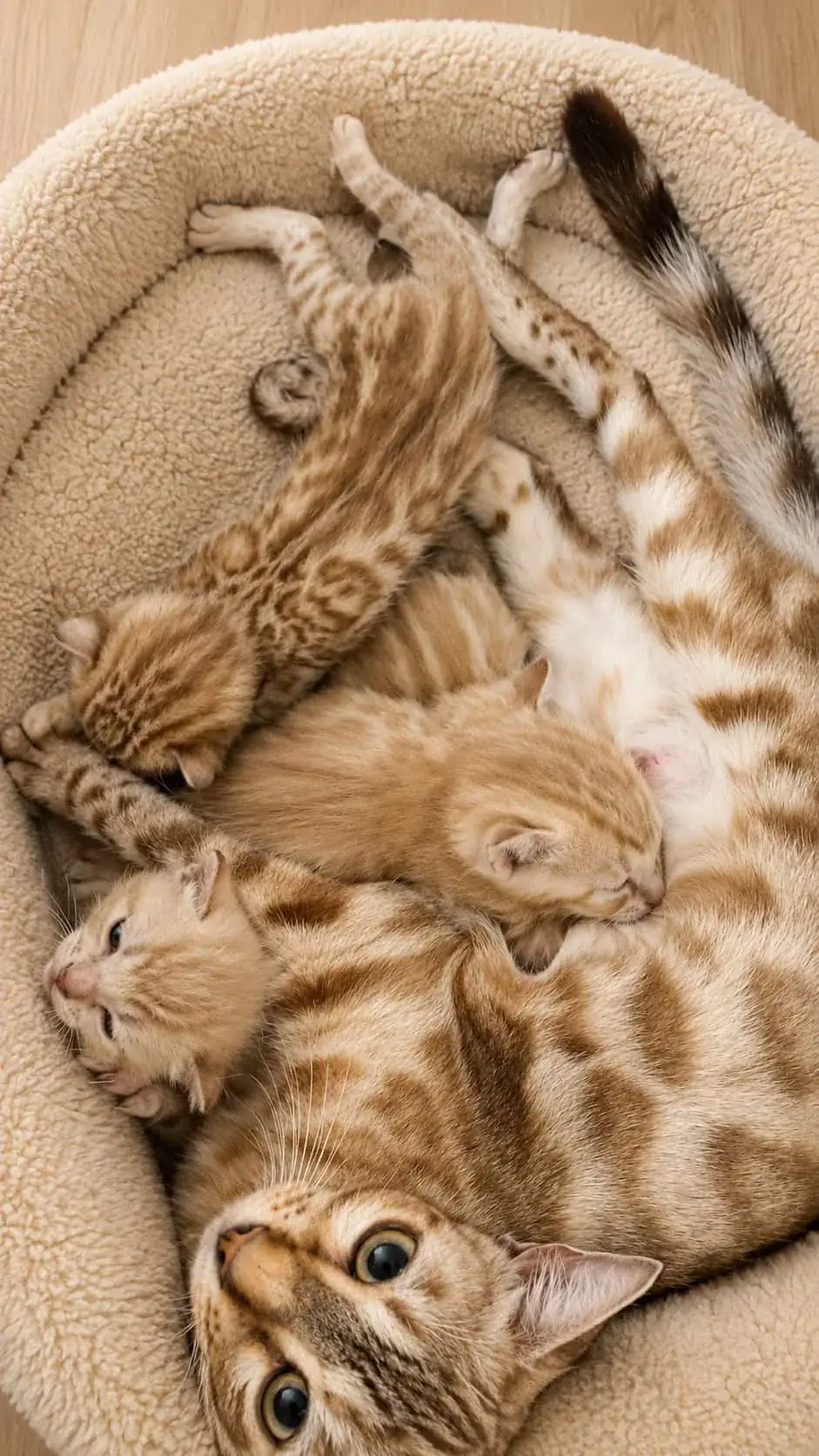 Bengalkitten liegen eng aneinandergeschmiegt in einem Körbchen