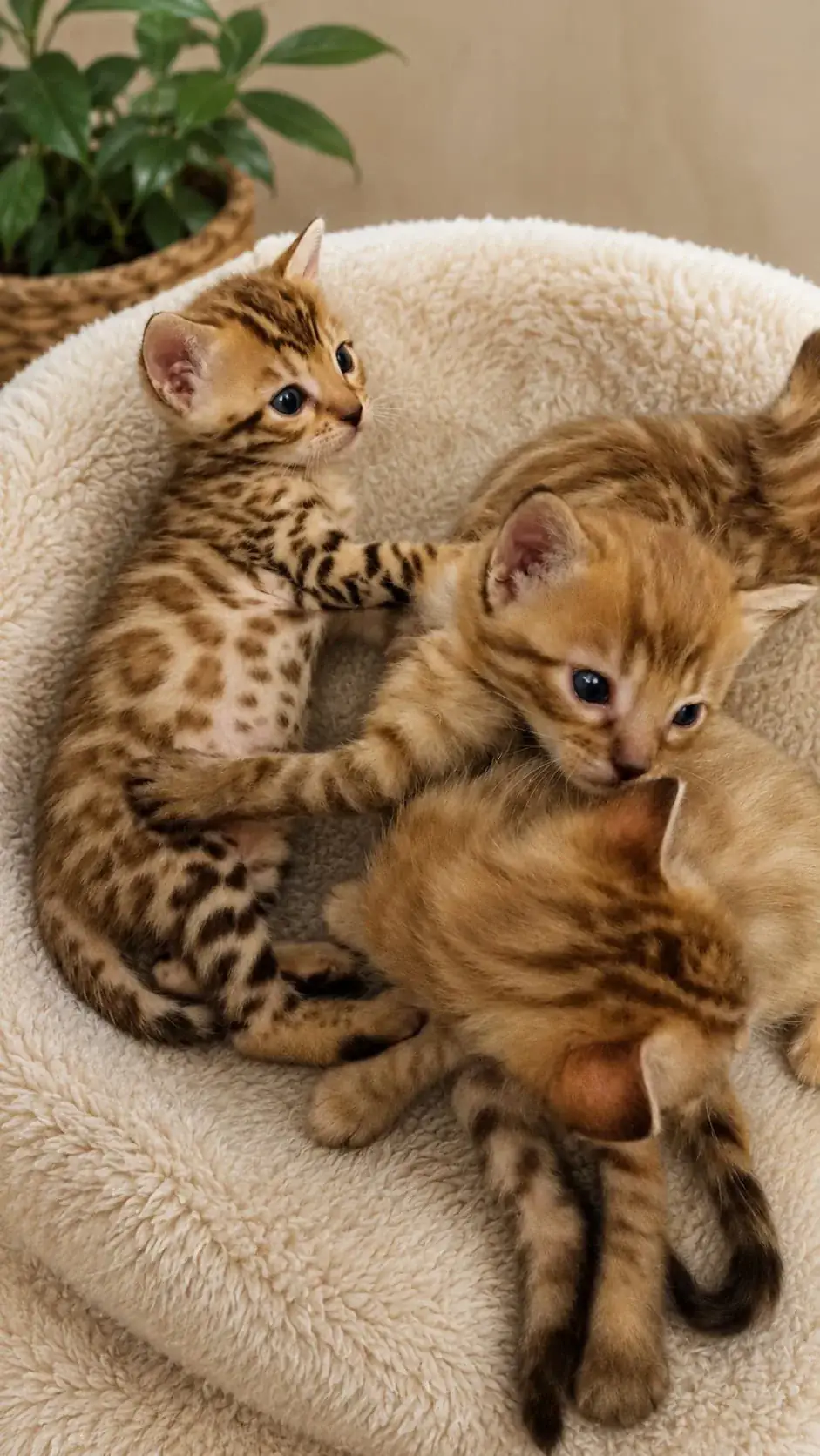 Wurf junger Bengalkitten liegt gemeinsam in einem runden Kuschelbett